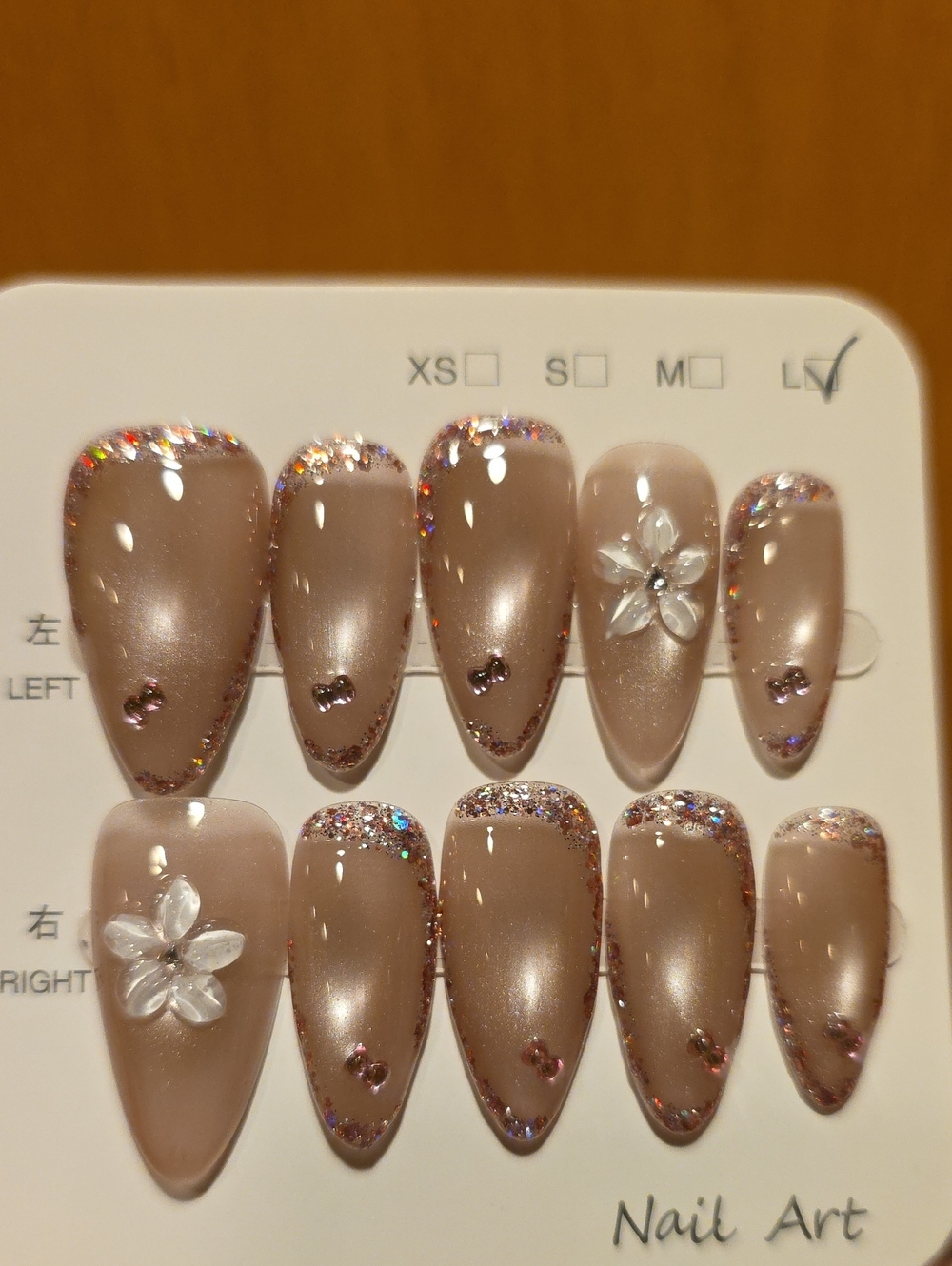 Elegant Nude-Brown Press-On Nails with Glitter Accent Size Large